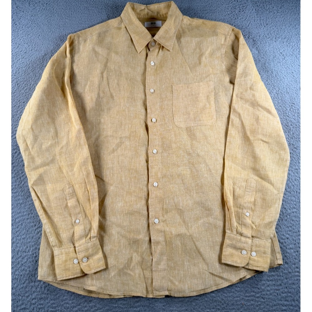 Uniqlo Premium Linen Shirt Mens Large Yellow Casual Button Up Long Sleeve Pocket